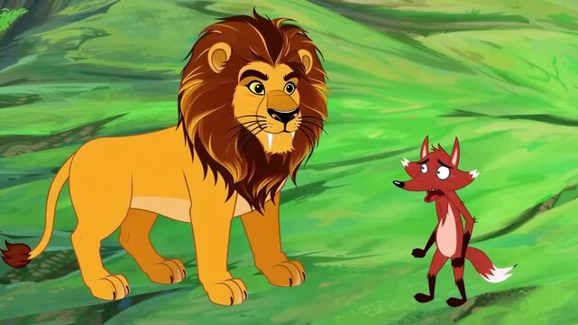 Animated cartoon scene of a lion and a scared fox in a forest glade with vibrant greenery