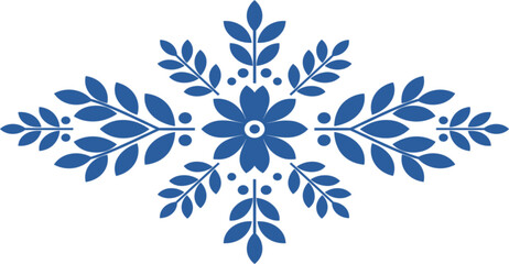 Blue Floral Folk Ornament with Symmetrical Leaf Pattern in Scandinavian Style Decorative Vector Illustration Design © Ruma