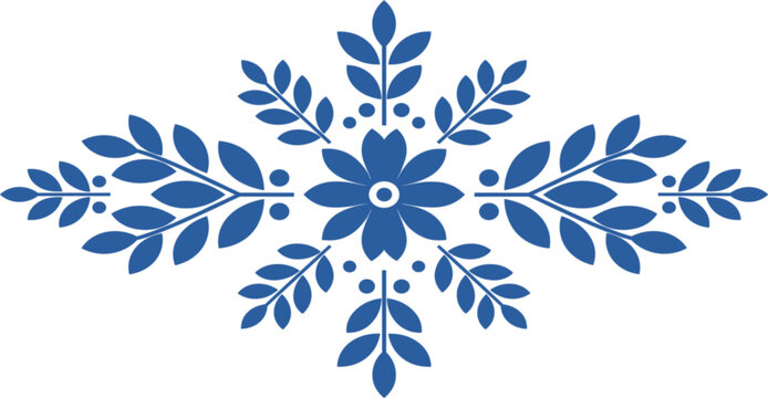 Blue Floral Folk Ornament with Symmetrical Leaf Pattern in Scandinavian Style Decorative Vector Illustration Design