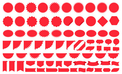 Obraz premium Burst price boxes. Red tag product labels. Callout stickers. Discount promo stamps. Circle, corner, cloud badges. Set starburst shapes isolated on white background. Vector illustration. Flat design
