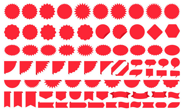 Burst price boxes. Red tag product labels. Callout stickers. Discount promo stamps. Circle, corner, cloud badges. Set starburst shapes isolated on white background. Vector illustration. Flat design