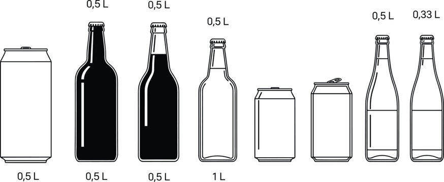 Set of aluminum soda cans and glass beer bottle icons with volume labels including 0.5L 1L and 0.33L isolated on a white background