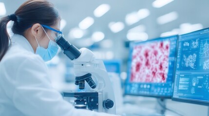 Fototapeta premium Scientist examining samples, focused researcher in lab coat using microscope, vibrant data displays in modern laboratory.