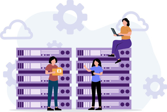 People Working On Leptop And Server Digital Data Center Illustration