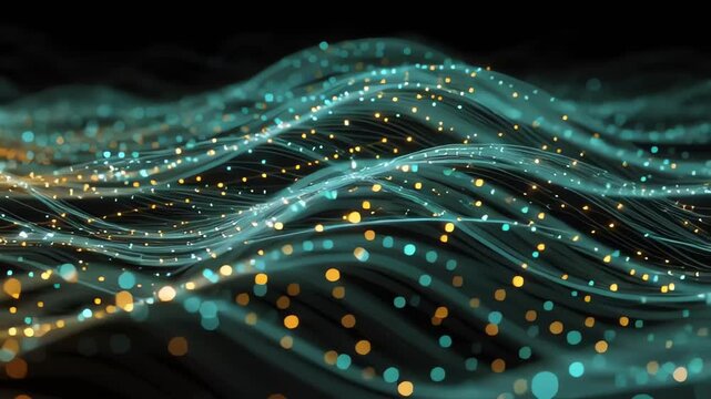 Dynamic digital data flow with glowing blue and orange wavy lines and abstract particles