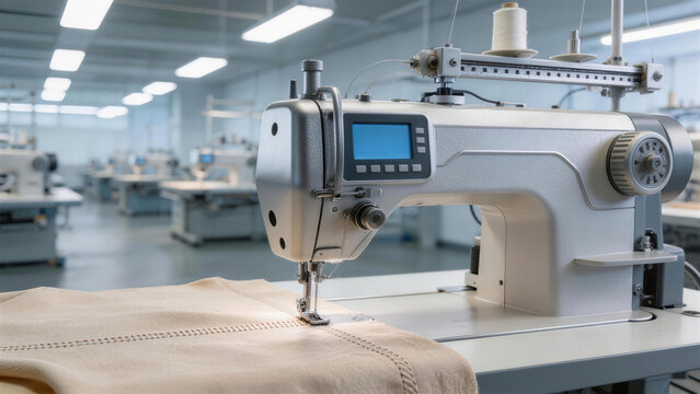 Industrial sewing machine operates on fabric in a textile factory workshop, showcasing manufacturing technology and production process in clothing industry.