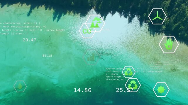 Camera pulling back rising showing shore and canopy while hex icons shifting to track forest health
