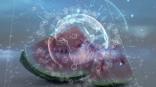 Holographic globe appearing, rotating above watermelon, pulsing nodes and revealing flesh for data
