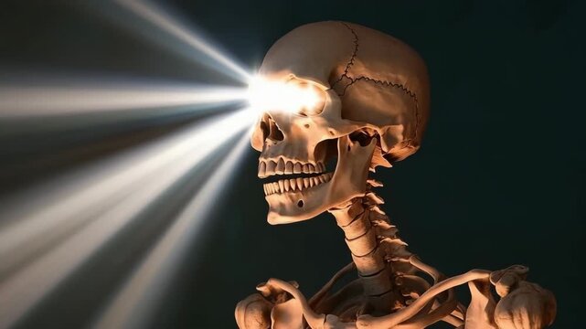 Skeletal figure with glowing skull beams illuminating a dark space in an eerie atmosphere