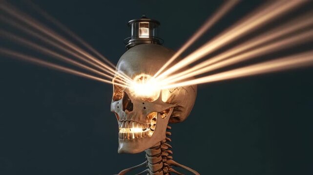 Skeletal figure with glowing skull beams illuminating a dark space in an eerie atmosphere