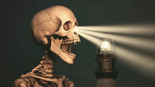 Skeletal figure with glowing skull beams illuminating a dark space in an eerie atmosphere