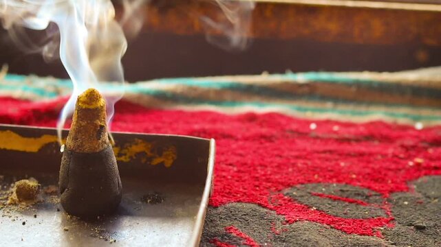Cinematic close-up of a burning Indian dhoop (incense cone) with aromatic smoke flowing and swirling in the air, representing spirituality and meditation.