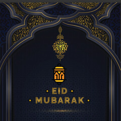 Luxury Eid Mubarak greeting card with golden lantern and Islamic arch pattern.
