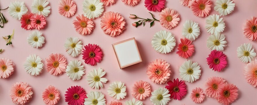 Gift Box Mockup on Pink Gerbera Daisy Flower Background for Cosmetics