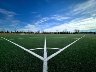 Obraz premium Perspective shot of a pristine, green soccer field under a vibrant blue sky dotted with soft white clouds
