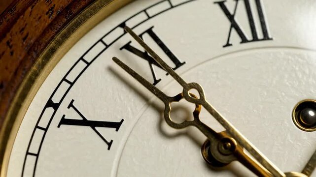 Close-up of an antique clock face showing the time with Roman numerals.