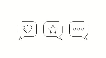 Three chat bubble icons with heart, star, and dots on white background
