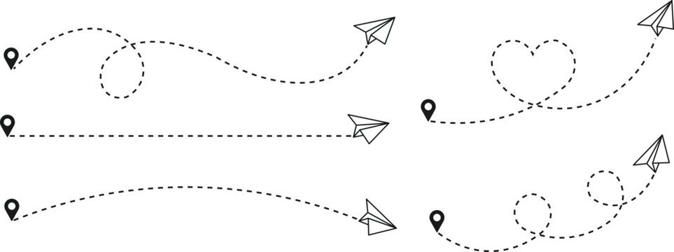 Paper airplane path collection with dotted travel routes and playful motion lines. Minimal navigation and message delivery concept for communication and journey themed designs. Clean vector line icons