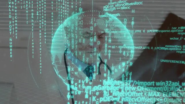Senior doctor studying xray while teal globe appearing guiding medical diagnosis via streaming code