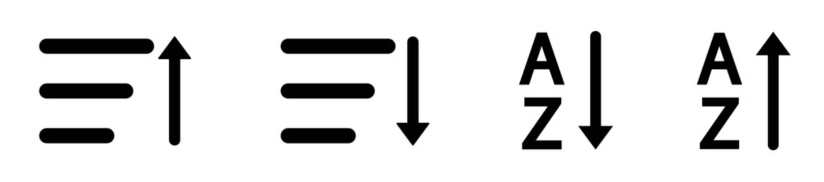 Sort icon set with ascending descending arrows and A-Z and Z-A order controls. List arrangement and alphabetical sorting UI symbols for app interface, table filter and web dashboard design