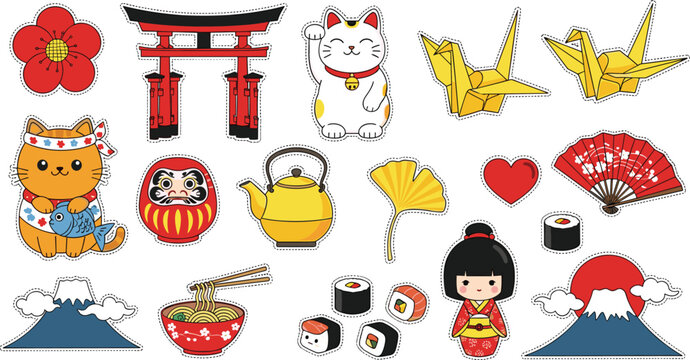 Japanese Cultural Sticker Set &ndash; Cute Kawaii Illustrations of Maneki-Neko Daruma Sushi and Mount Fuji for Travel Journals and Stationery Design