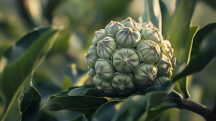 Fototapeta premium Exotic botanical fruit cluster bright green natural light closeup shot tree branch organic garden plant