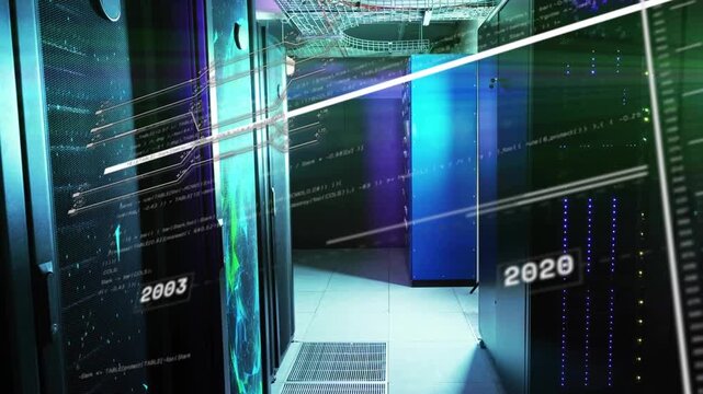 Timeline overlay appearing, years sliding, streaks sweeping, LEDs flashing, revealing rack aisle