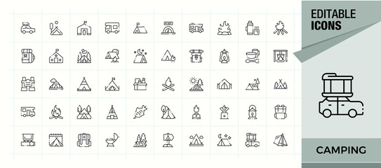 Camping line icon set. Travel icon set. Outline icons pack. Contain linear symbols vacation, camp, tourism, tent, tour, hiking and more. Pixel perfect. Editable stroke.