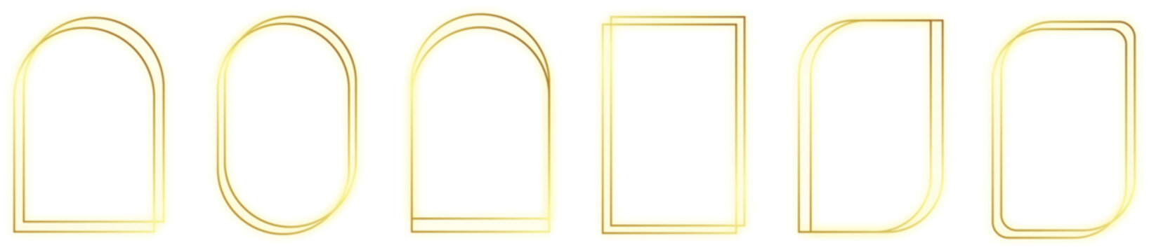 Minimal gold arch frame set with geometric outline shapes. Elegant linear window and doorway vector collection for branding and layout design. Modern abstract frames isolated on light background.