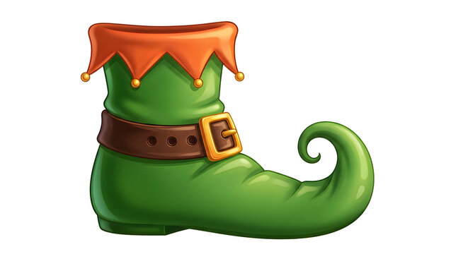 A green elf boot with a brown belt and orange trim