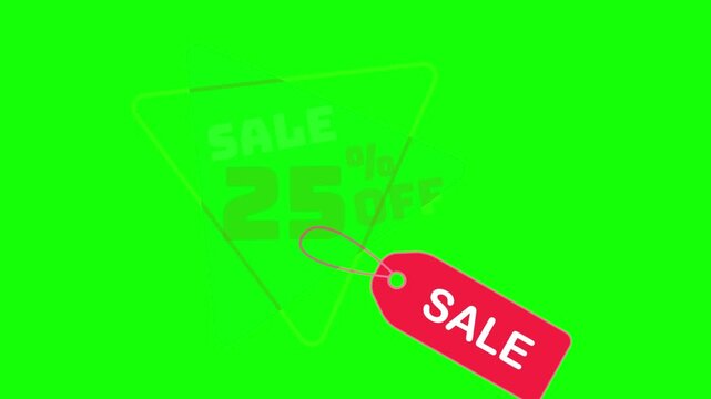 Dynamic motion graphic animation displaying a bold twenty five percent off sale advertisement with a dangling red price tag on green screen footage