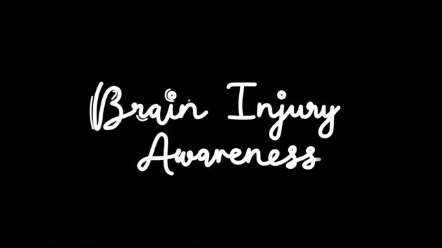 Brain Injury Awareness Month One line continuous animated typography intro outro animation video, hand drawn calligraphy monoline lettering vintage single line handwriting white type on black backdrop