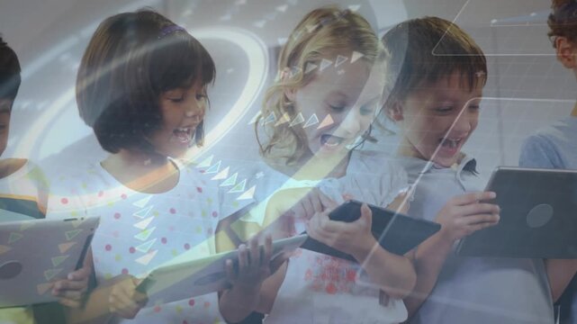 Pupils learning on tapping tablets and tilting phones animated rings arrows sweeping faces widening