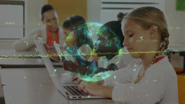 Girls typing on laptop tapping tabs in class teacher guiding globe wave pulsing front girl smiling