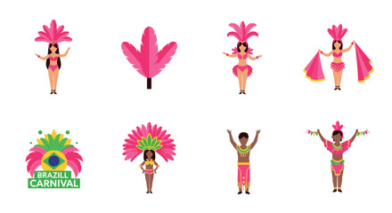 Obraz premium colorful brazil carnival dancers with feather headdresses and festive costumes set with brazil carnival emblem flat vector illustration
