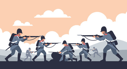 Obraz premium soldiers in combat positions with rifles hand drawn flat illustration of war scene