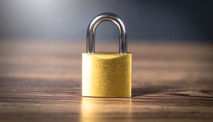 Golden Padlock on Wooden Surface Security Concept.