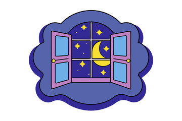 A whimsical vector graphic of a window open to a starry night sky with a crescent moon