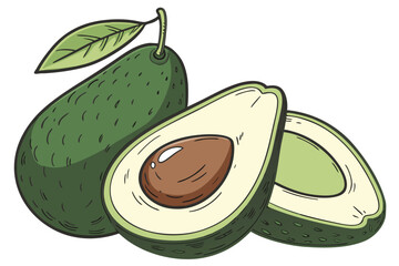A colorful illustration of three avocados with one cut open to show the pit and creamy interior