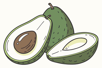 A colorful illustration of three avocados, one cut in half, showcasing its green skin and brown pit.