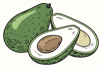 A vector graphic illustration of three avocados, one whole and two halved, showcasing their green skin and creamy interior.