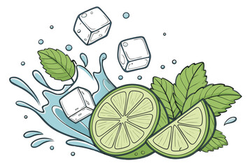 A vibrant illustration of lime slices and mint leaves with ice cubes and water splashes