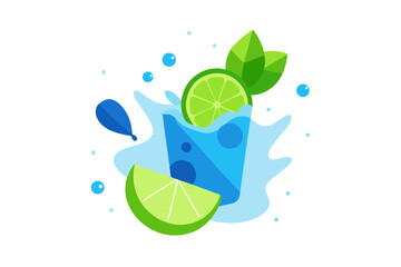 A vibrant vector illustration of a refreshing drink with lime slices and splashing water