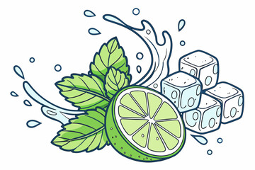 A vibrant illustration of a lime wedge with ice cubes and mint leaves in a refreshing design