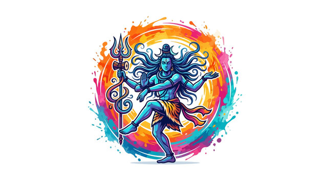 Vibrant stylized lord shiva dancing with a trident, colorful splash on white, spiritual wallpaper.