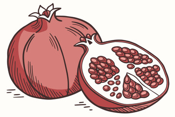 A vibrant illustration of a whole pomegranate and a halved pomegranate showcasing its juicy seeds.