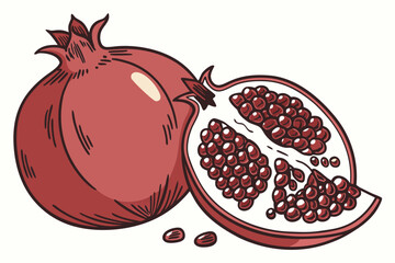 A vibrant illustration of a pomegranate cut in half with seeds spilling out