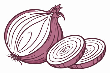 A vector graphic illustration of a red onion and sliced onion rings on a white background