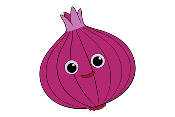 A cartoon purple onion with a smiling face and big eyes on a white background