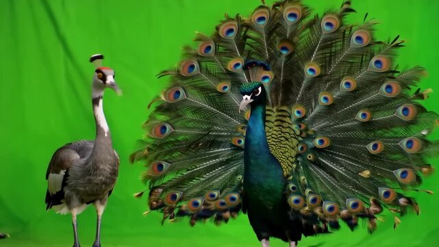 Peacock displaying feathers next to crowned crane on green screen background wildlife exotic bird animal portrait